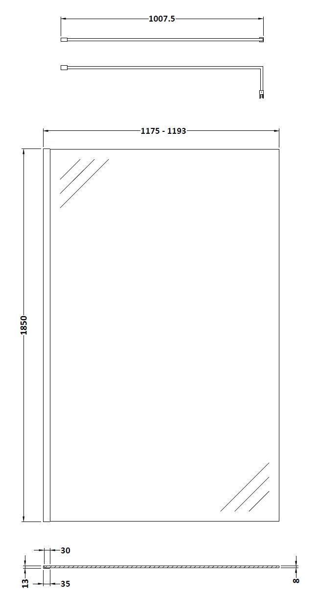 Wye Wetroom Screen 1200 x 1850 x 8mm - Brushed Pewter