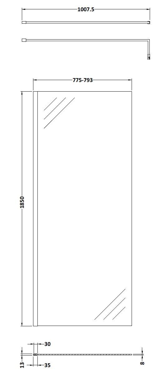 Wye Wetroom Screen 800 x 1850 x 8mm - Brushed Pewter