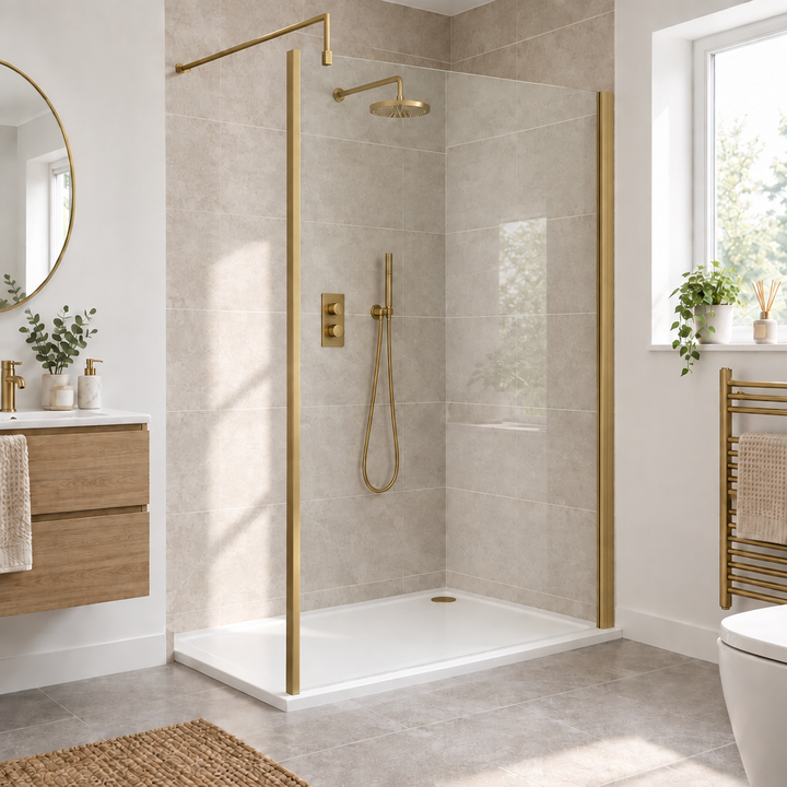 Wye Wetroom Screen 1000 x 1850 x 8mm (Support Bar & Profile Kit) - Brushed Brass
