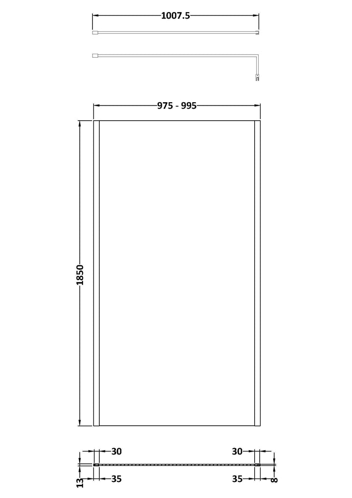 Wye Wetroom Screen 1000 x 1850 x 8mm (Support Bar & Profile Kit) - Brushed Brass