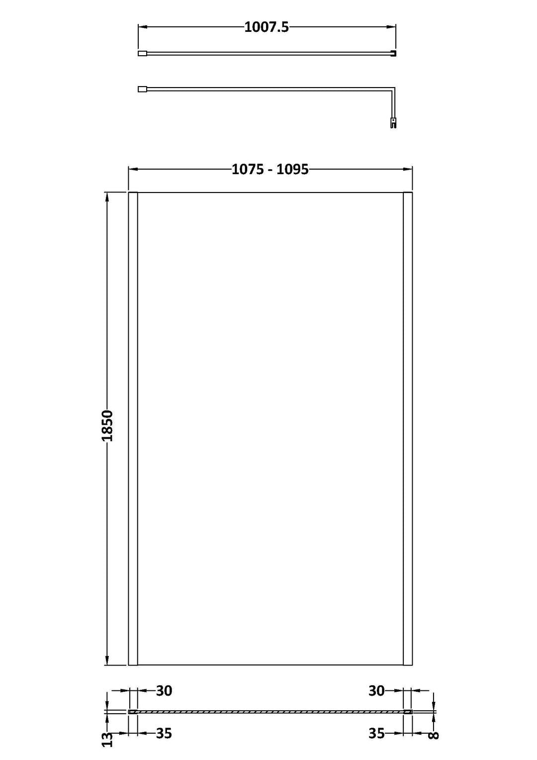 Wye Wetroom Screen 1100 x 1850 x 8mm (Support Bar & Profile Kit) - Brushed Brass