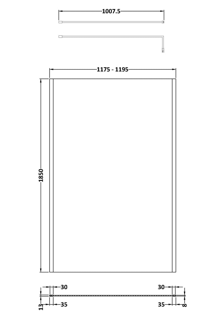 Wye Wetroom Screen 1200 x 1850 x 8mm (Support Bar & Profile Kit) - Brushed Brass