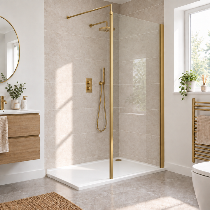 Wye Wetroom Screen 760 x 1850 x 8mm (Support Bar & Profile Kit) - Brushed Brass