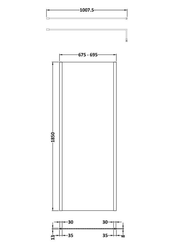 Wye Wetroom Screen 700 x 1850 x 8mm (Support Bar & Profile Kit) - Brushed Brass