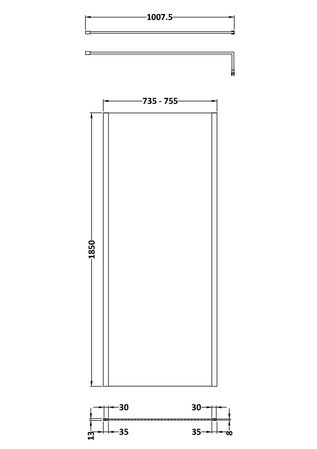 Wye Wetroom Screen 760 x 1850 x 8mm (Support Bar & Profile Kit) - Brushed Brass