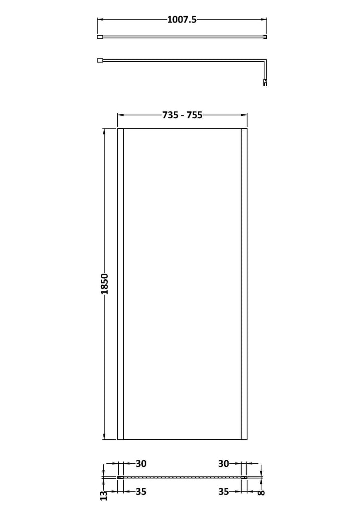 Wye Wetroom Screen 760 x 1850 x 8mm (Support Bar & Profile Kit) - Brushed Brass