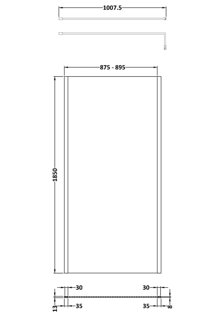 Wye Wetroom Screen 900 x 1850 x 8mm (Support Bar & Profile Kit) - Brushed Brass