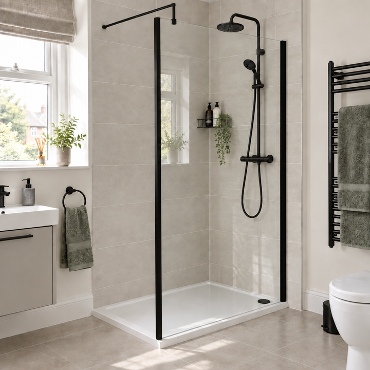 Wye 1100mm Wetroom Screen with Support Bar (Profile Kit Included) - Matt Black