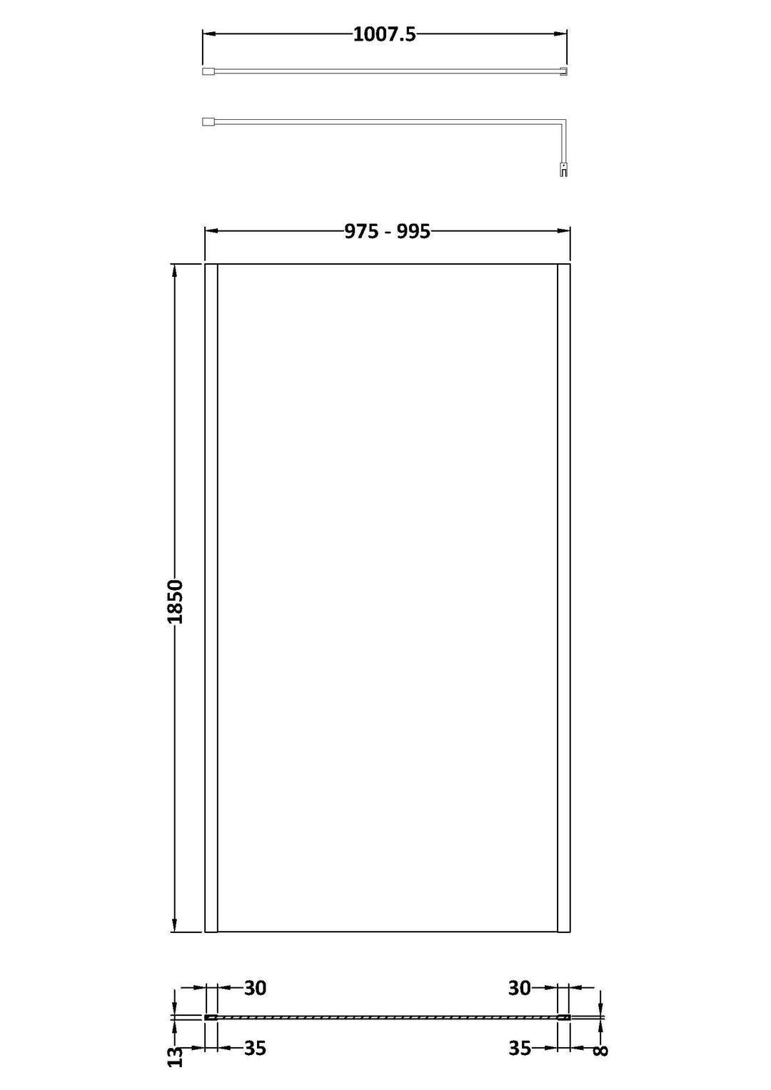 Wye 1000mm Wetroom Screen with Support Bar (Profile Kit Included) - Matt Black