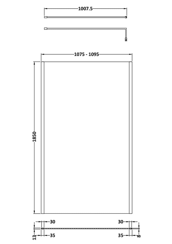 Wye 1100mm Wetroom Screen with Support Bar (Profile Kit Included) - Matt Black