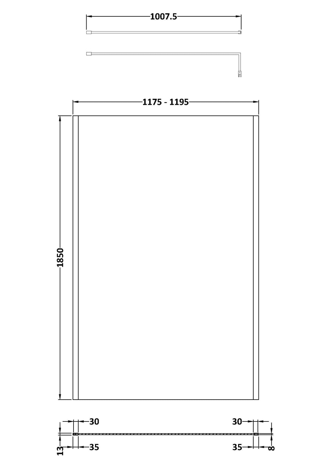 Wye 1200mm Wetroom Screen with Support Bar (Profile Kit Included) - Matt Black