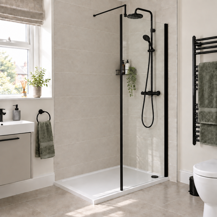 Wye 900mm Wetroom Screen with Support Bar (Profile Kit Included) - Matt Black