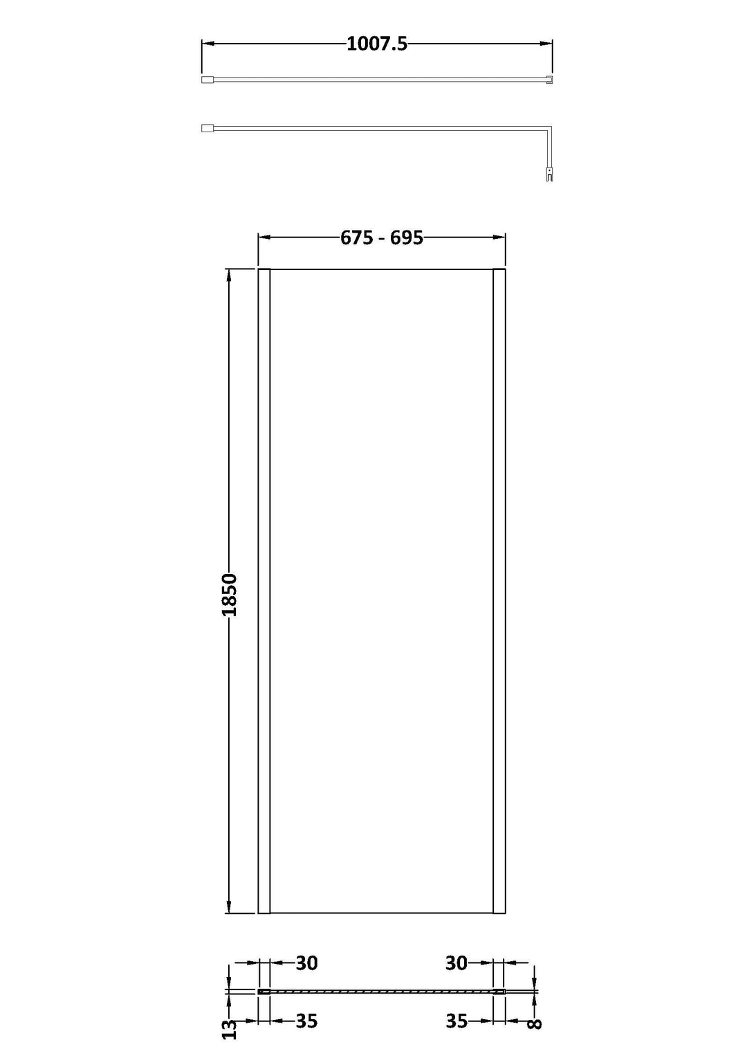 Wye 700mm Wetroom Screen with Support Bar (Profile Kit Included) - Matt Black