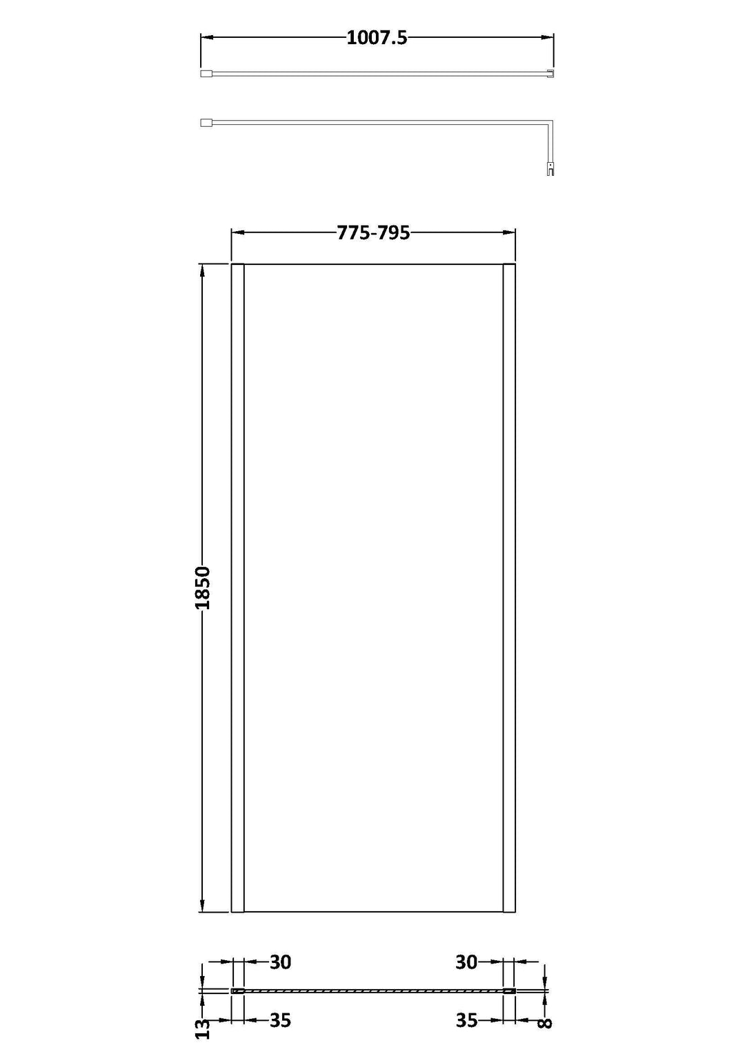 Wye 800mm Wetroom Screen with Support Bar (Profile Kit Included) - Matt Black