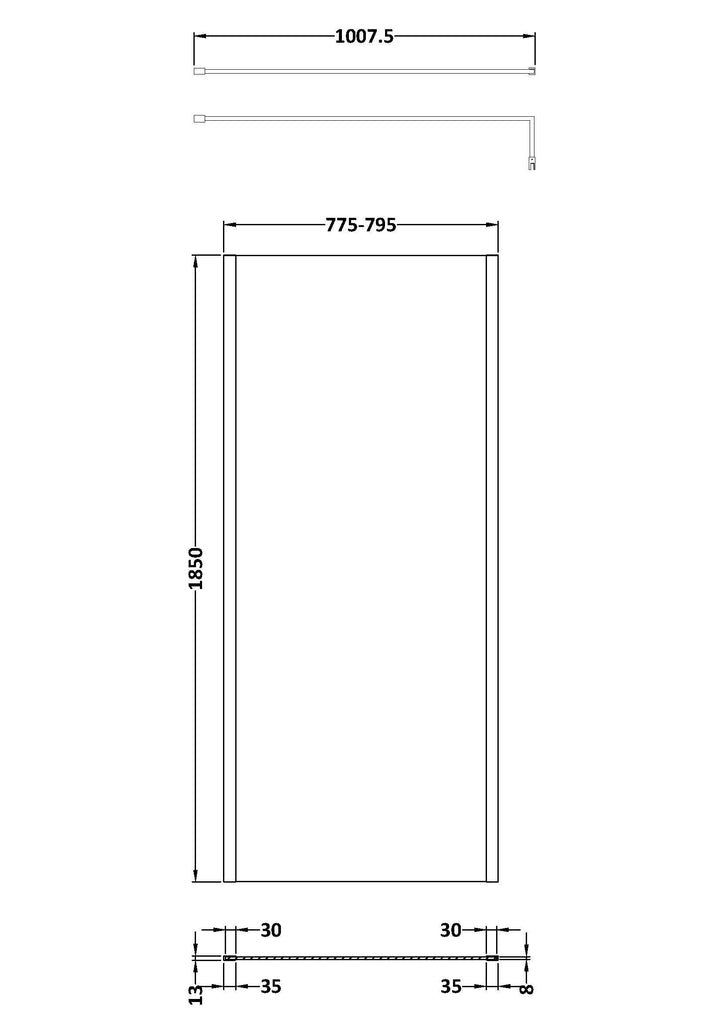 Wye 800mm Wetroom Screen with Support Bar (Profile Kit Included) - Matt Black