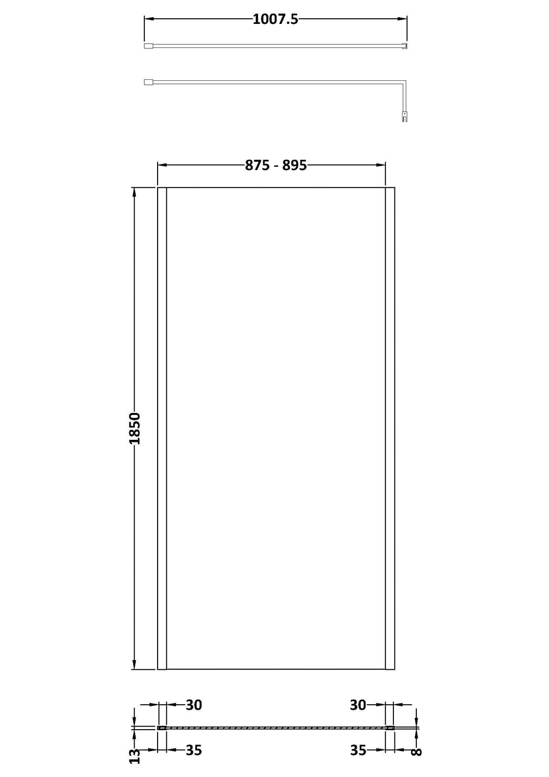 Wye 900mm Wetroom Screen with Support Bar (Profile Kit Included) - Matt Black