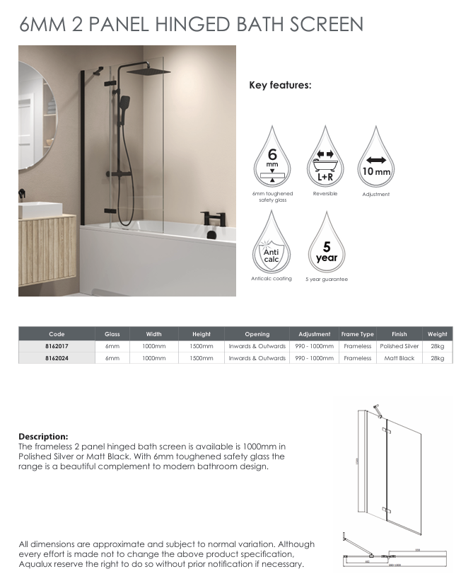 Aqualux 6mm 2 Panel Hinged Bath Screen 1500x1000 Black