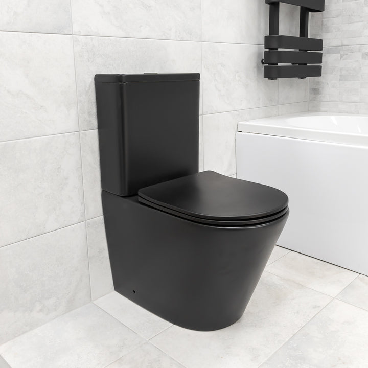 Angel Rimless Close Coupled Fully Back To Wall Toilet & Soft Close Seat - Black