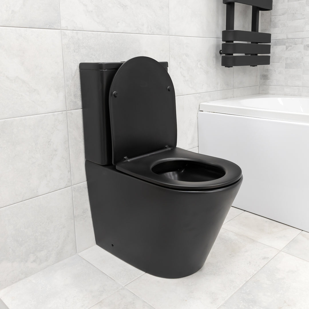 Angel Rimless Close Coupled Fully Back To Wall Toilet & Soft Close Seat - Black
