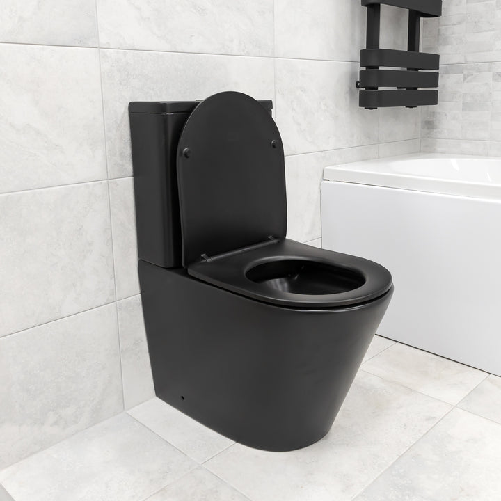 Angel Rimless Close Coupled Fully Back To Wall Toilet & Soft Close Seat - Black