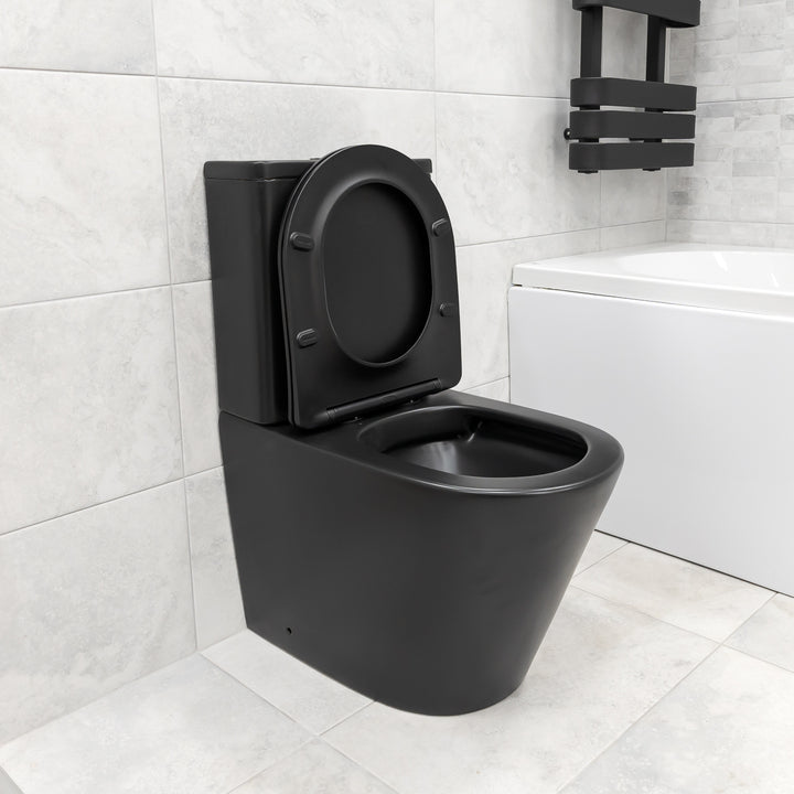 Angel Rimless Close Coupled Fully Back To Wall Toilet & Soft Close Seat - Black