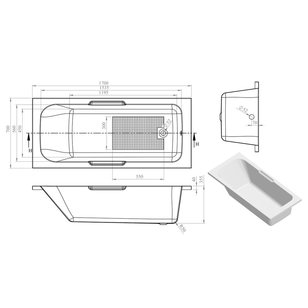 Clayton Gripped 1700x700mm Twin Grip Bath SUPERCAST Re-enforced 0 Tap Holes