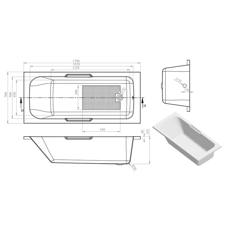 Clayton Gripped 1700x700mm Twin Grip Bath SUPERCAST Re-enforced 0 Tap Holes