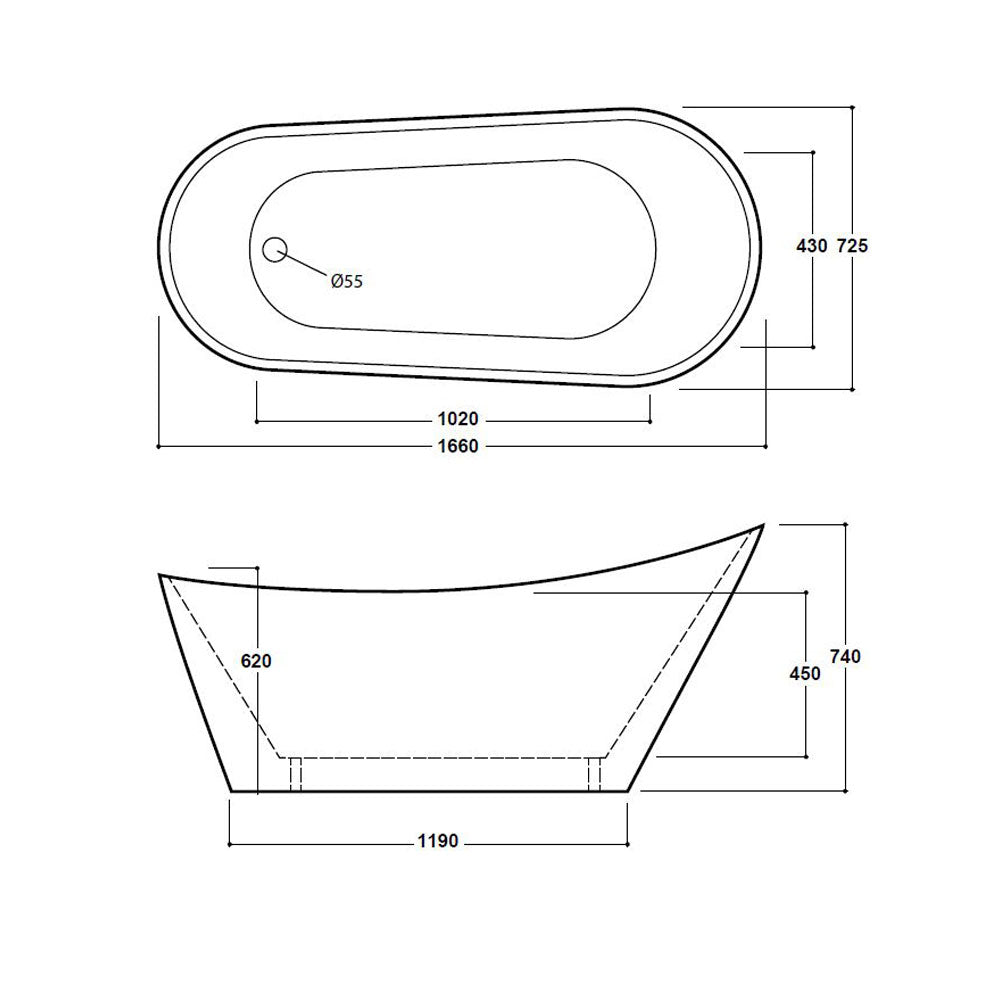 1660mm Matt White Modern Slipper Bath