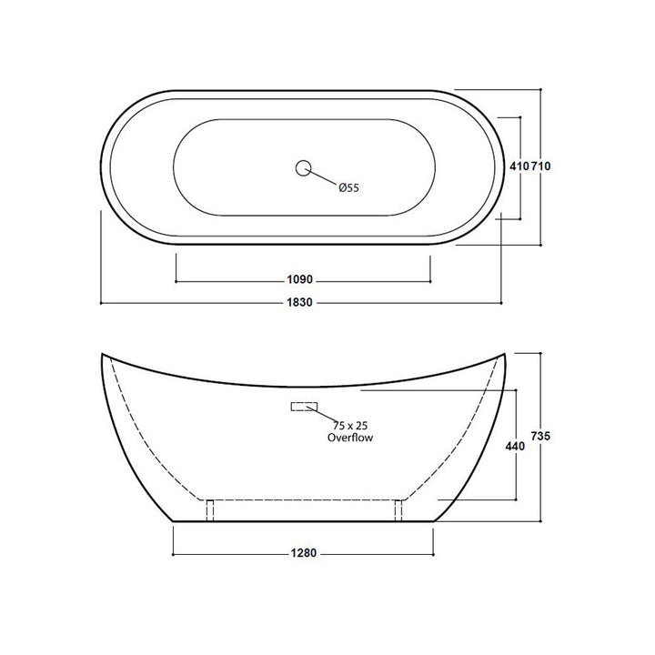 Freestanding Modern Slipper Double Ended bath 1830 mm - Ibiza by Synergy
