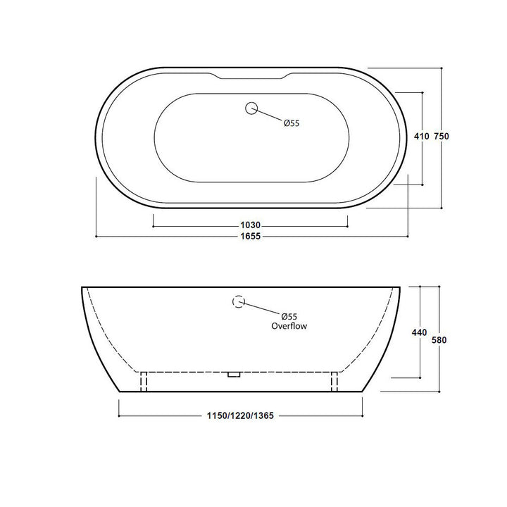 Freestanding Luxury Double Ended Bath 1655 x 750 mm - Black San Marlo by Synergy
