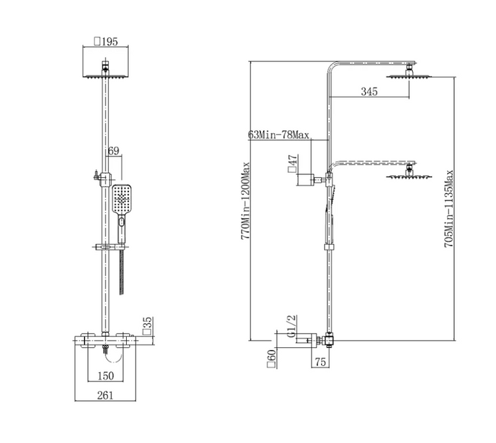 Severn Black Square Exposed Adjustable Thermostatic Shower - By Voda Design