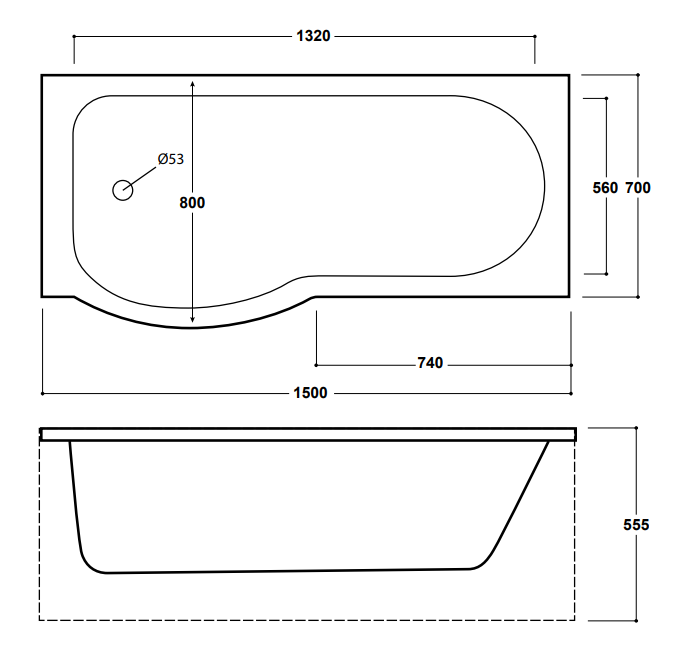 1500mm P-Shaped Shower Bath Right Hand - Zane P by Voda Design