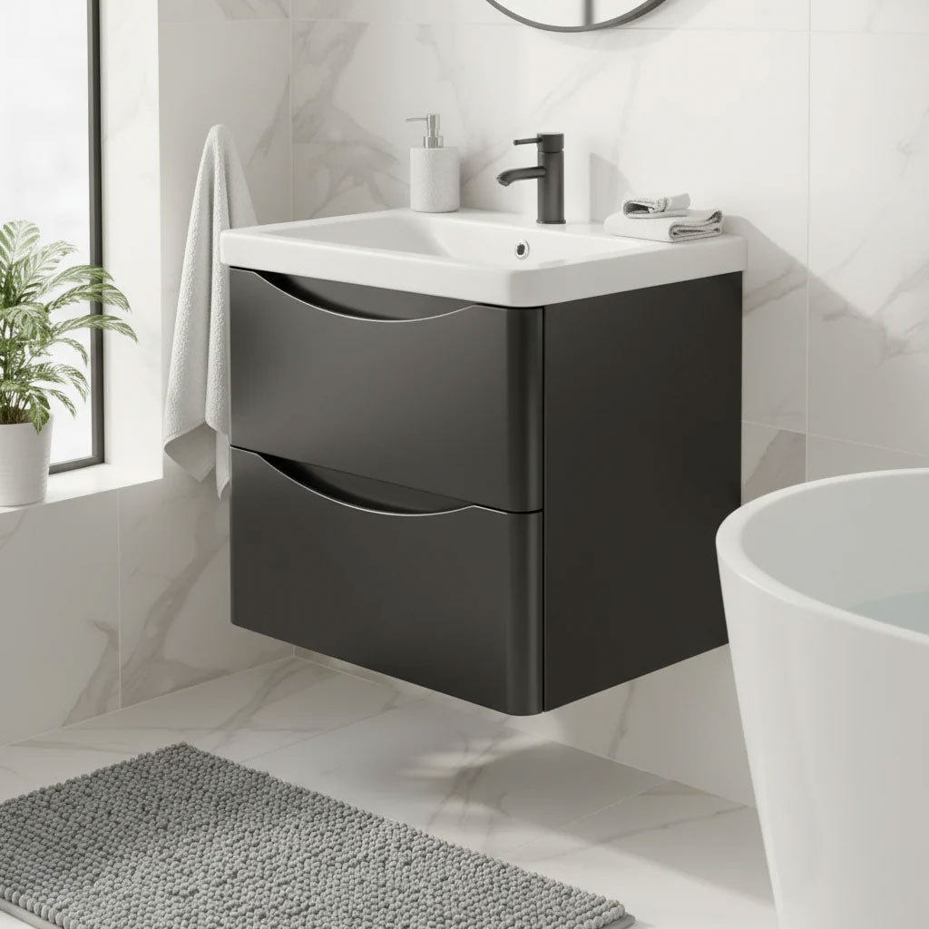 Boston Wall Hung Suite - Includes Vanity Unit, Tall Cupboard, Mirror, Tap & Waste - Matt Black