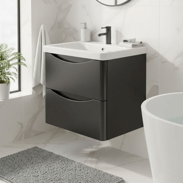 Boston Wall Hung Suite - Includes Vanity Unit, Tall Cupboard, Mirror, Tap & Waste - Matt Black