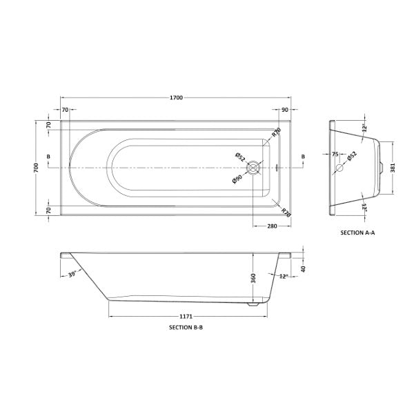 Voda 1700mm Single Ended Straight Bath