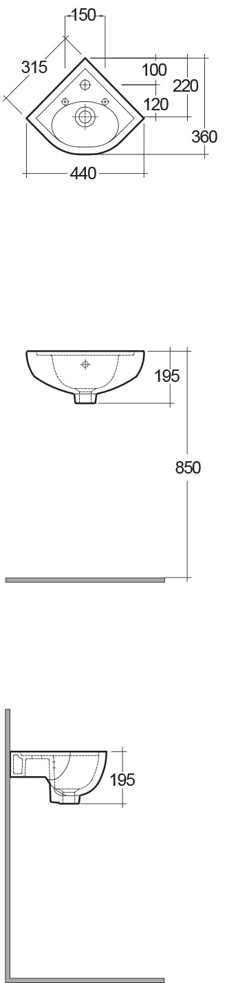 RAK Compact 44cm Corner Basin 2th