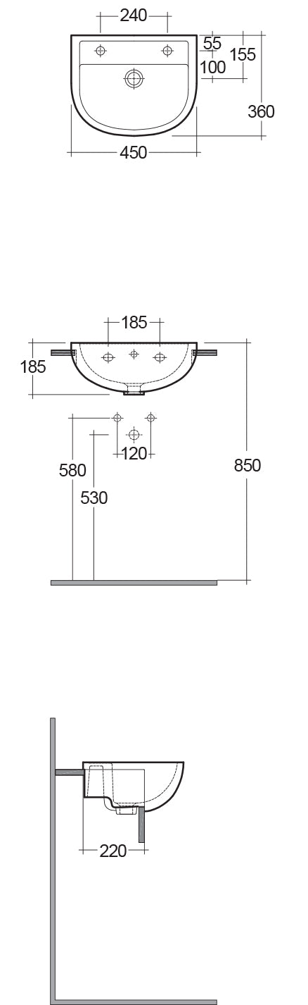 RAK Compact 45cm Semi Recessed Basin 1th LH