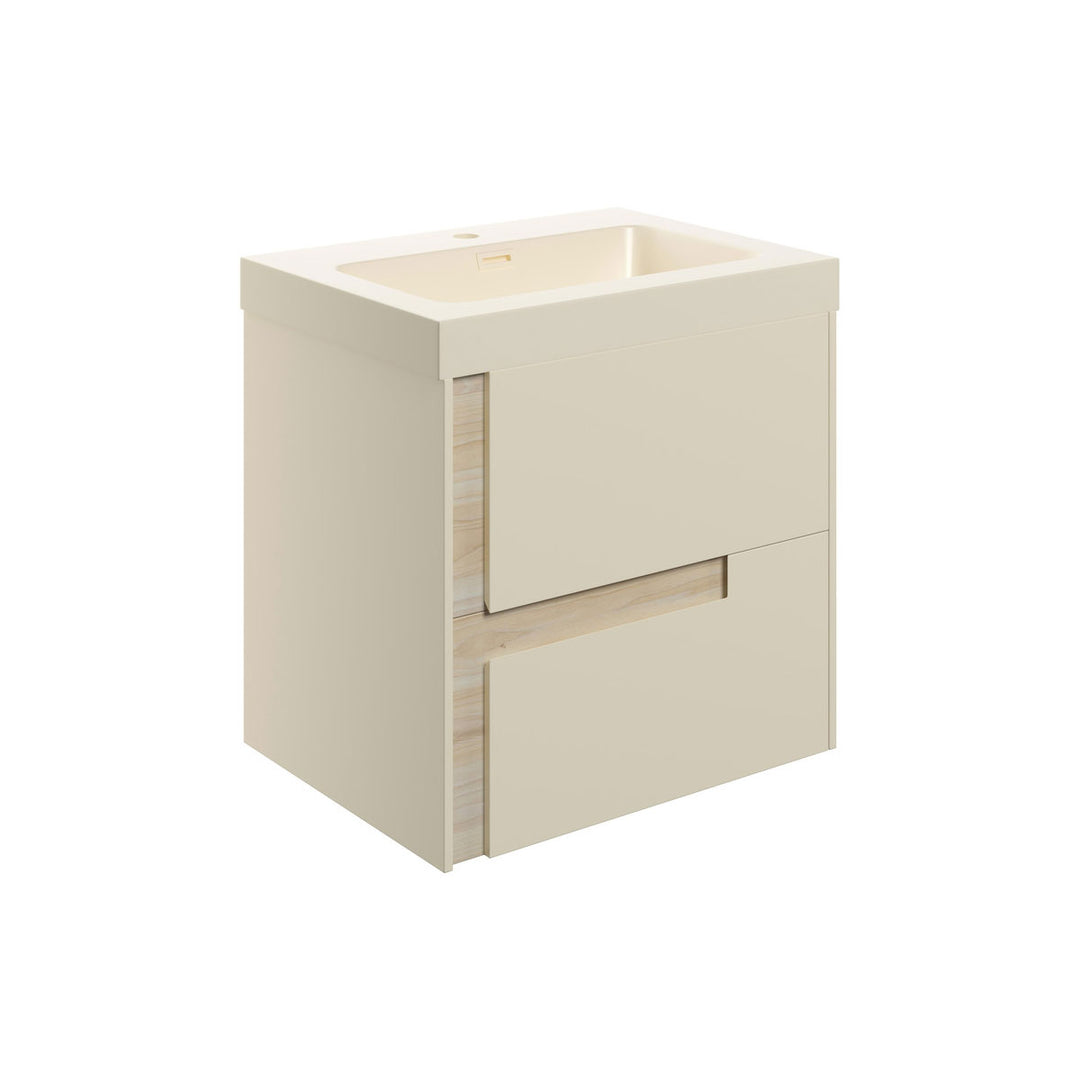 Chance 605mm Wall Hung 2 Drawer Basin Unit & 1TH Co-ordinating Basin - Matt Cotton & Oak Effect