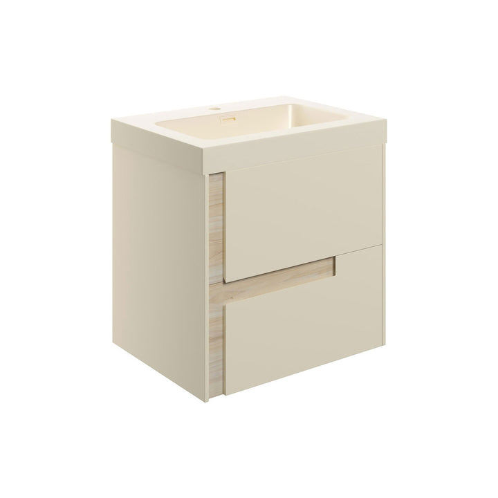 Chance 605mm Wall Hung 2 Drawer Basin Unit & 1TH Co-ordinating Basin - Matt Cotton & Oak Effect