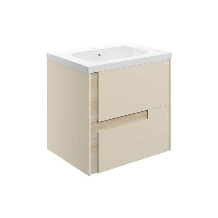 Chance 615mm Wall Hung 2 Drawer Basin Unit & 1TH White Basin - Matt Cotton & Oak Effect