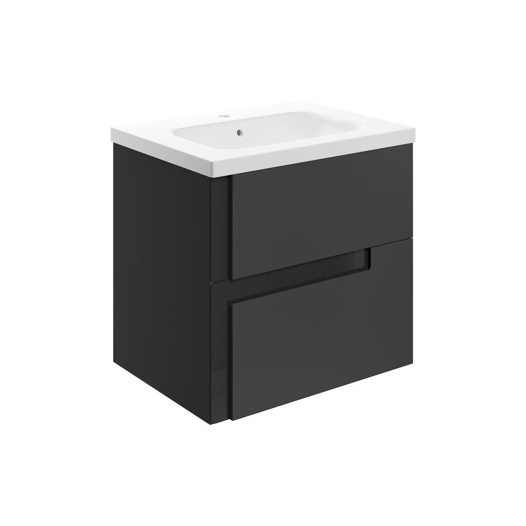 Chance 615mm Wall Hung 2 Drawer Basin Unit & 1TH White Basin - Matt Black & Glass