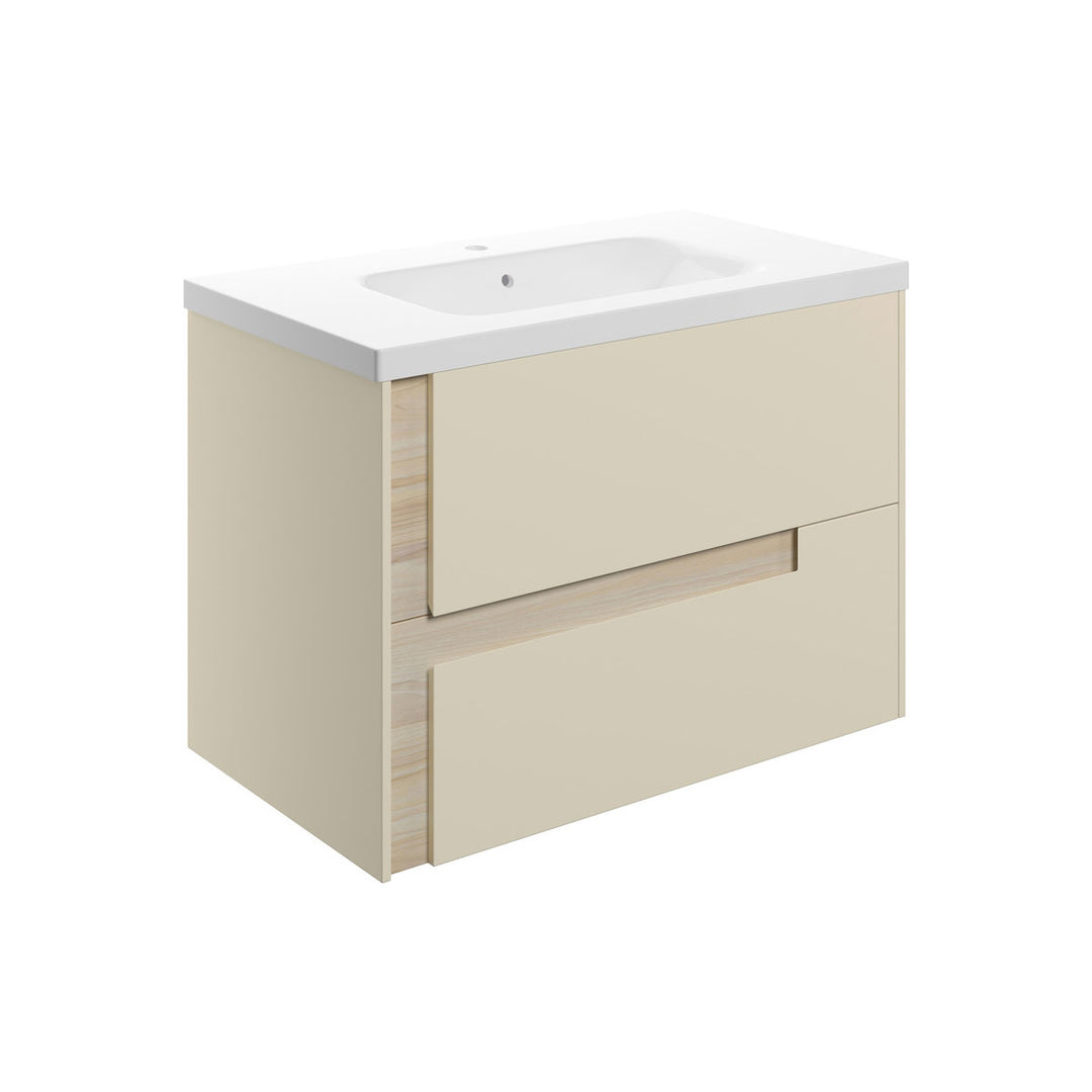 Chance 815mm Wall Hung 2 Drawer Basin Unit & 1TH White Basin - Matt Cotton & Oak Effect