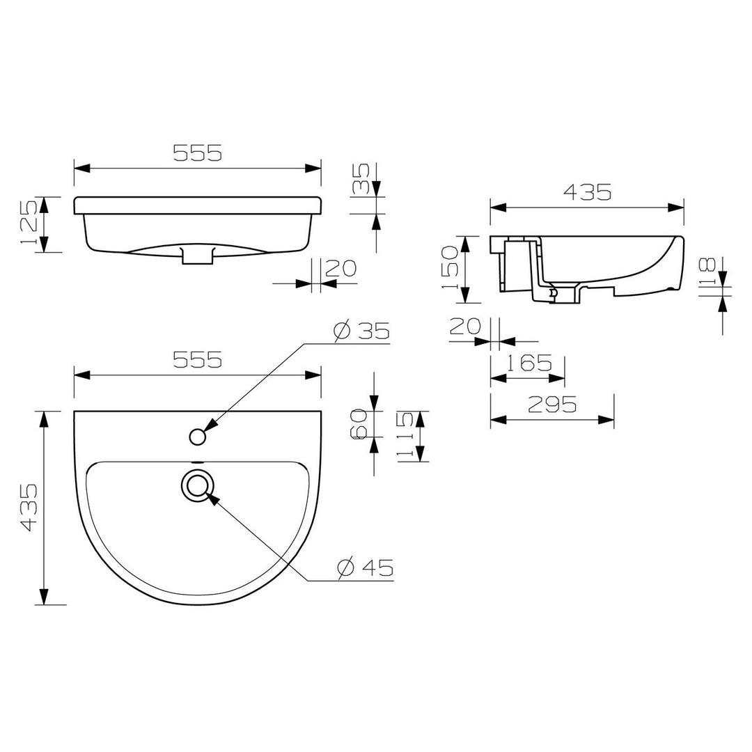 Series4 555x435mm 1TH Semi Recessed Basin