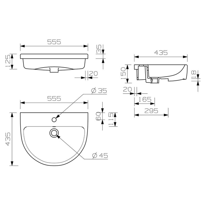 Series4 555x435mm 1TH Semi Recessed Basin
