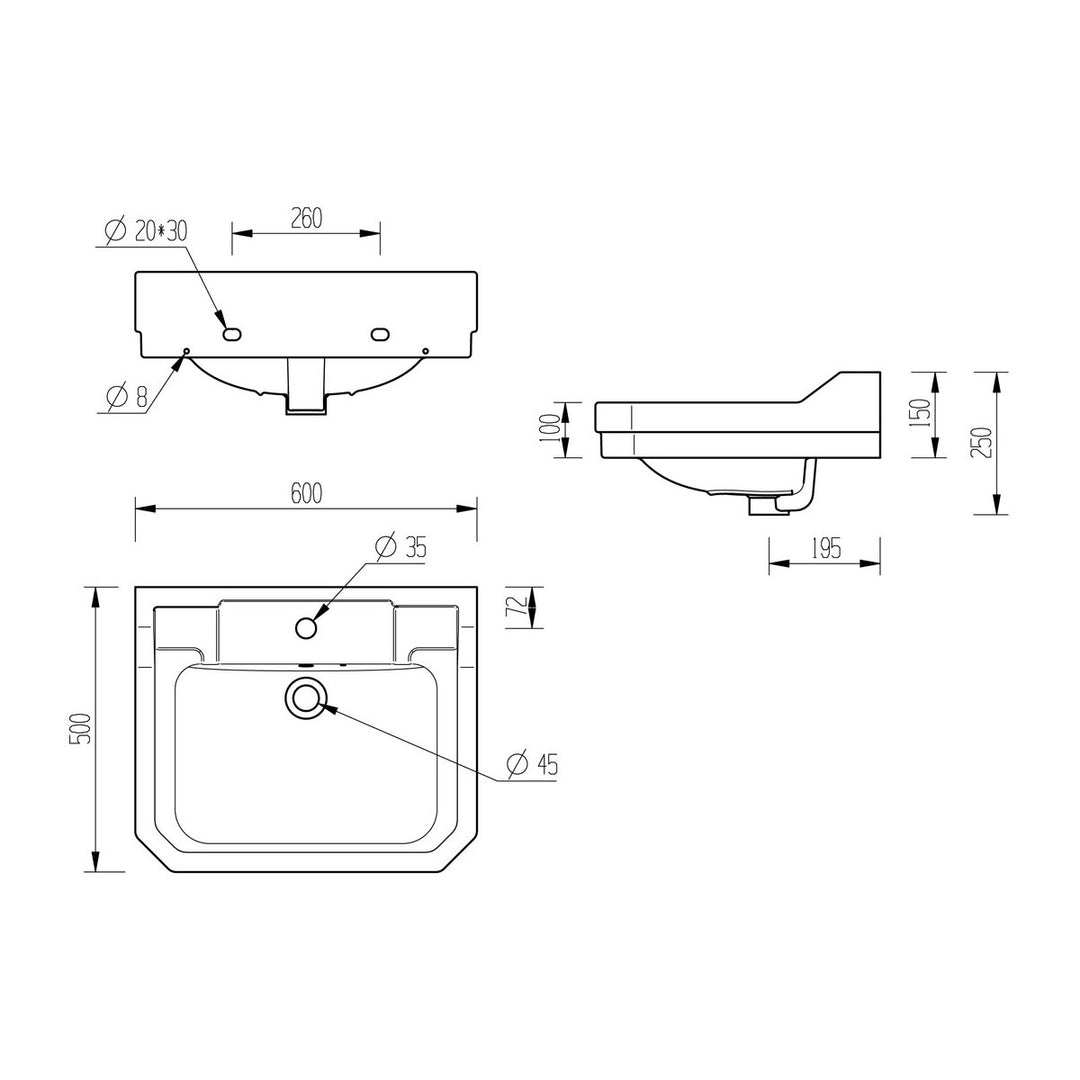 Series9 600x500mm 1TH Basin & Full Pedestal
