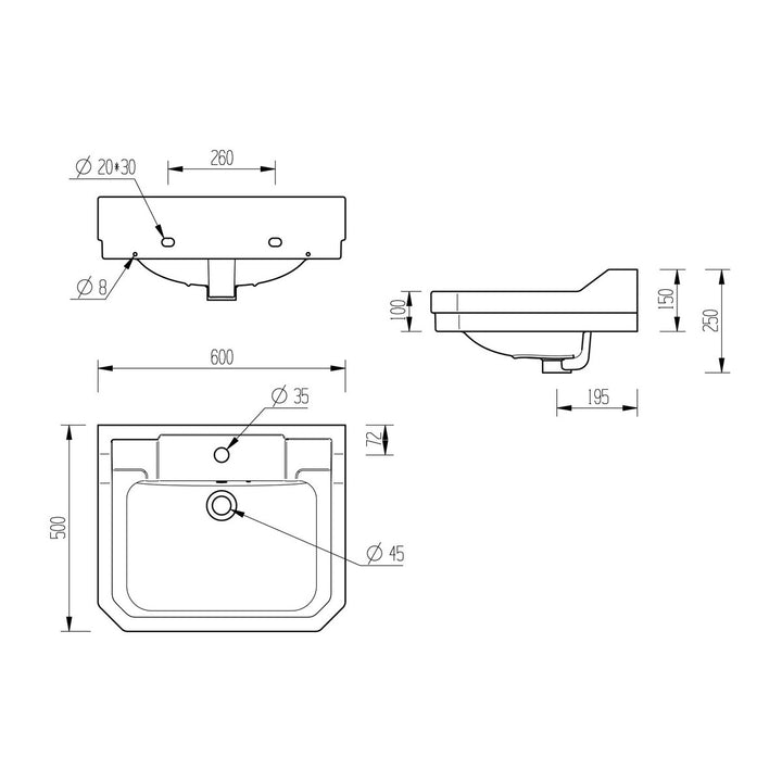 Series9 600x500mm 1TH Basin & Full Pedestal