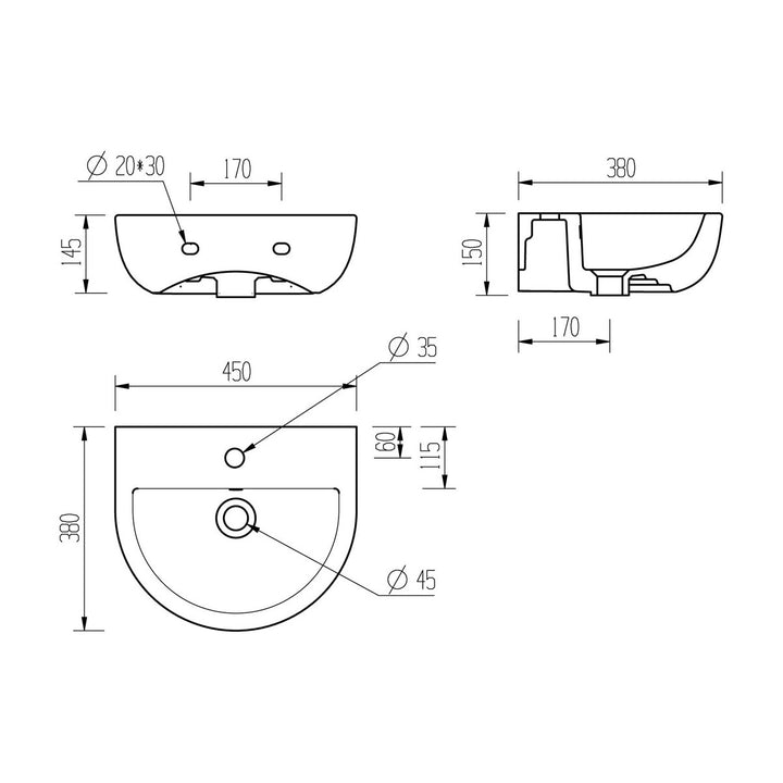 Series11 450x400mm 1TH Cloakroom Basin & Brushed Brass Bottle Trap