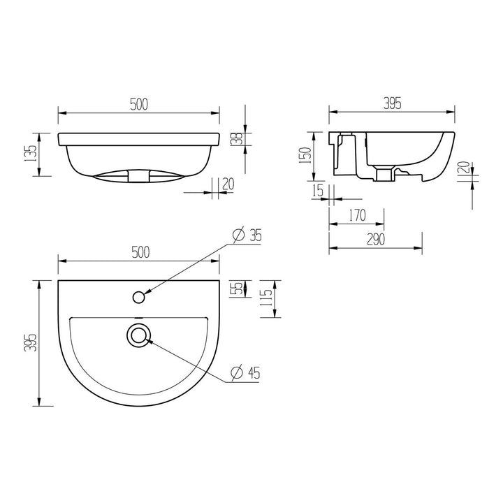 Series11 500x390mm 1TH Semi Recessed Basin