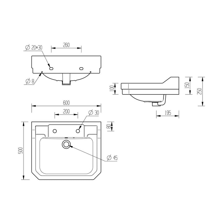 Series9 600x500mm 2TH Basin & Full Pedestal