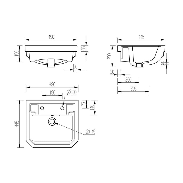 Series9 495x445mm 2TH Semi Recessed Basin